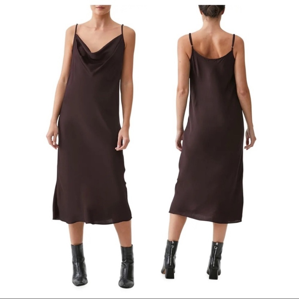 Michael Stars Brown Satin Sultry Midi Pearl Cowlneck Slip Dress Size Small